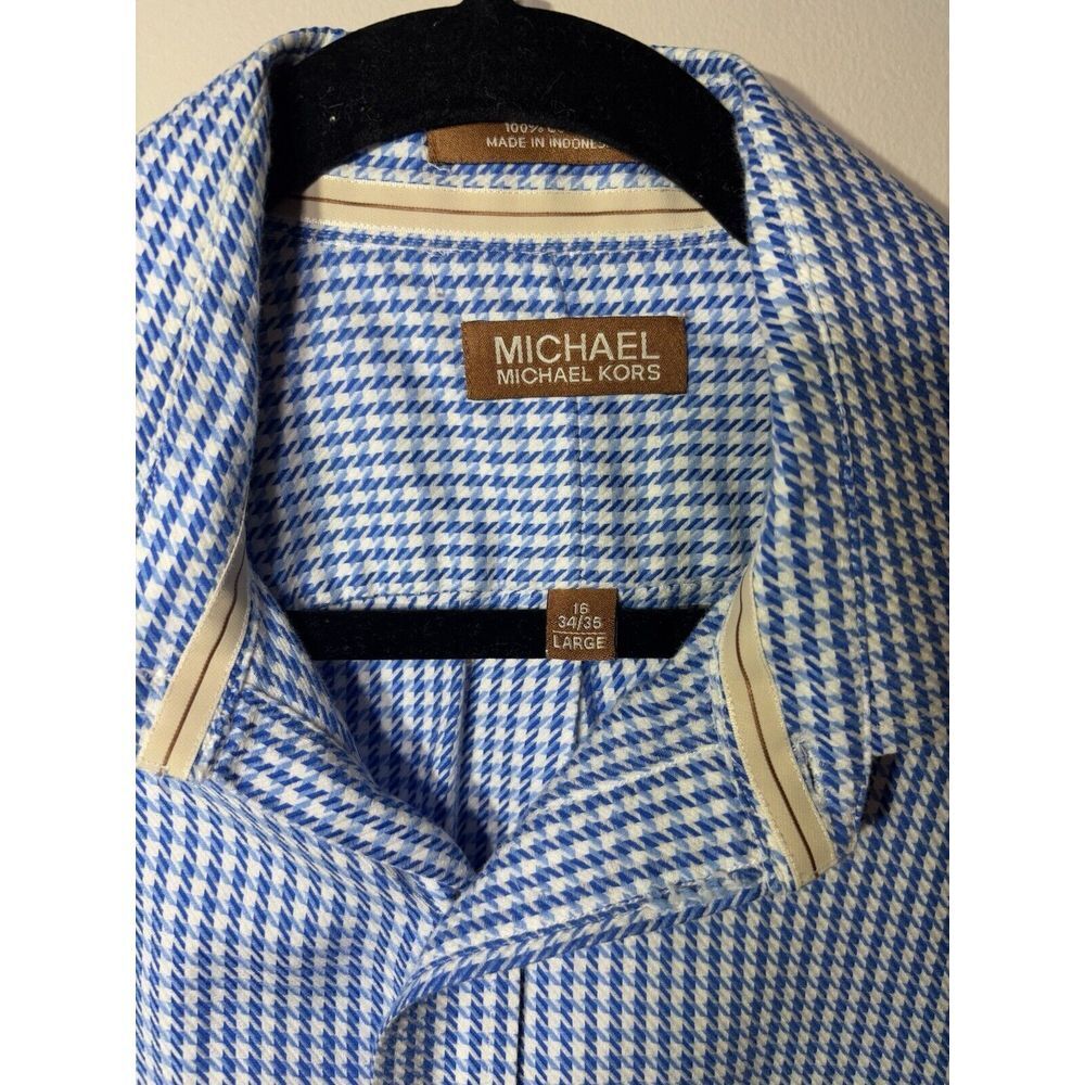 Michael Kors Men's Blue White Gingham Button Down Long Sleeve Shirt Large‎